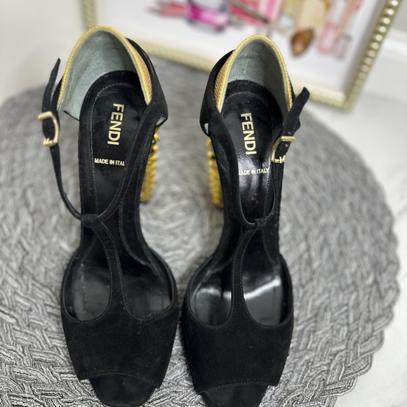 Fendi Black T-Strap Heels with Gold Studded Heel - Picture 10 of 12